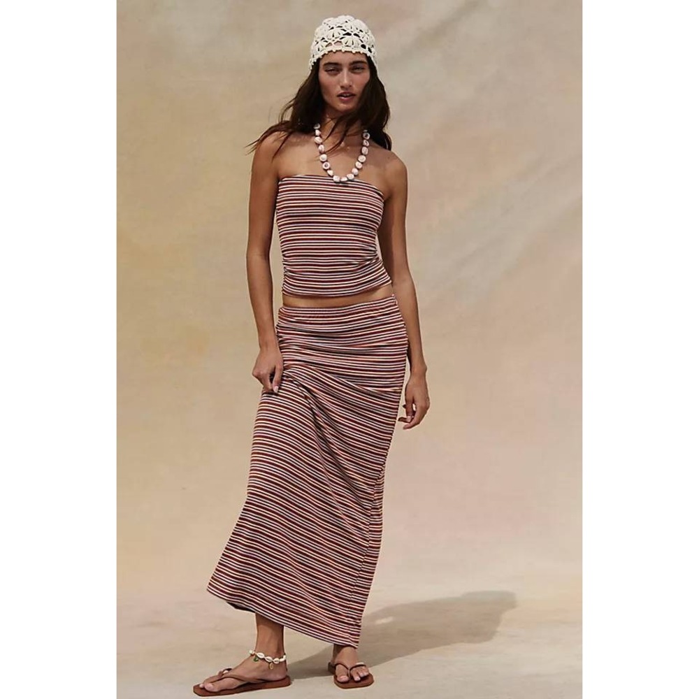 NWT Free People Good Feels Stripe Tube Top & Maxi Skirt Set XS Chocolate